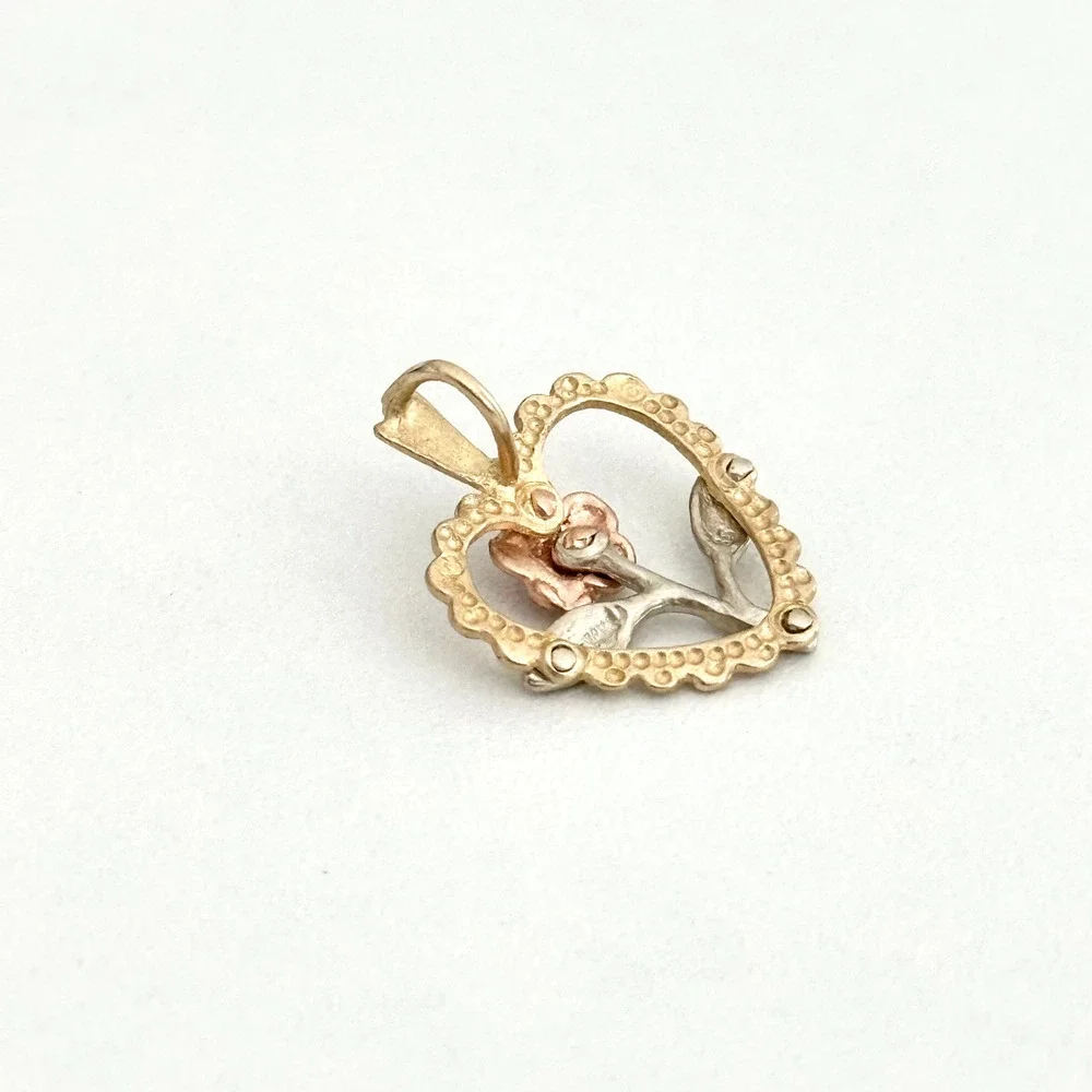 Vintage 14K Gold Heart Flower Tricolor Yellow Rose White Gold Charm Pendant